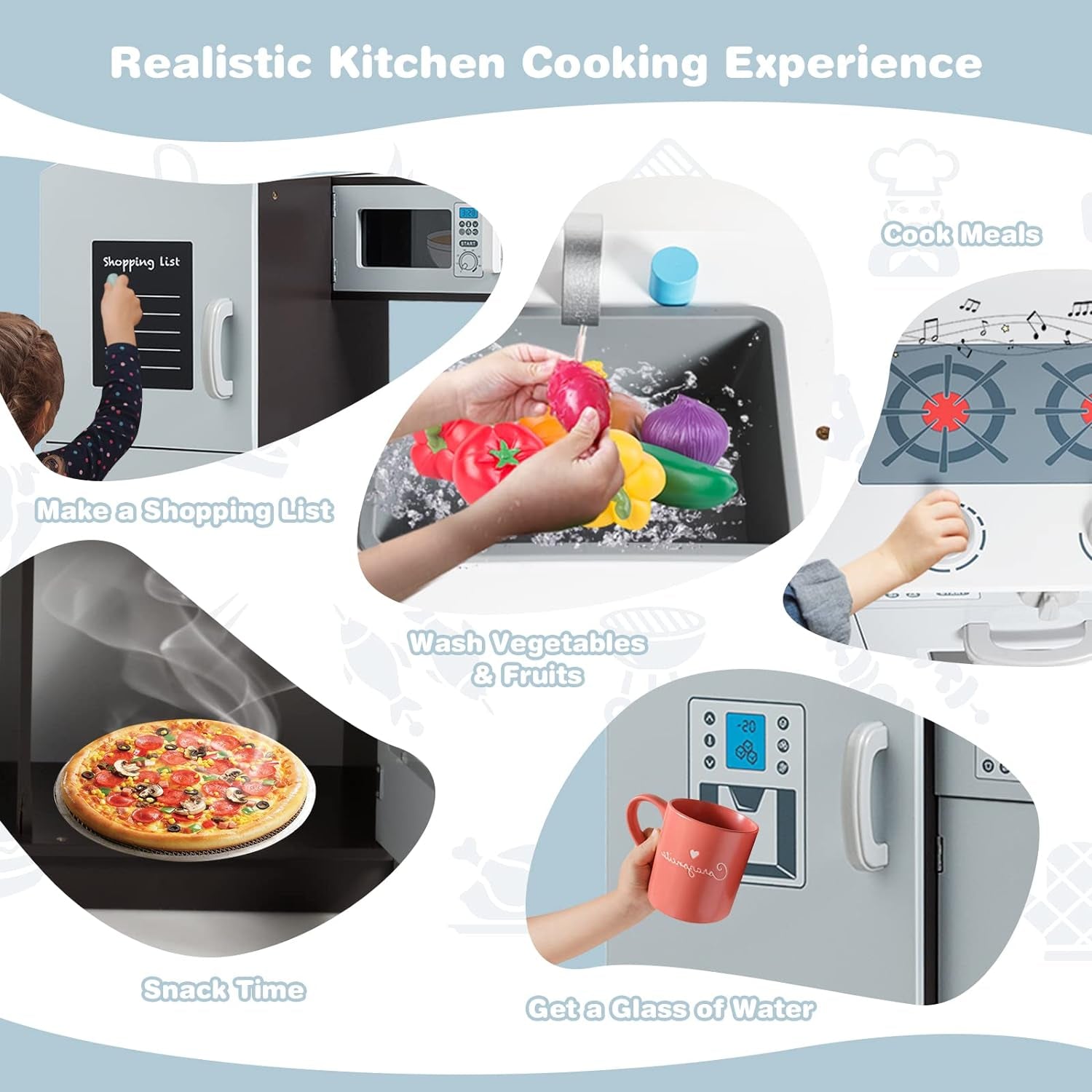 Kids Kitchen Playset, Wooden Little Chef Pretend Toy Kitchen Set W/Sounds, Sink, Stove, Microwave, Storage Cabinet, Shop List, Play Kitchen for Toddlers, Gift for Boys Girls 3+, Gray