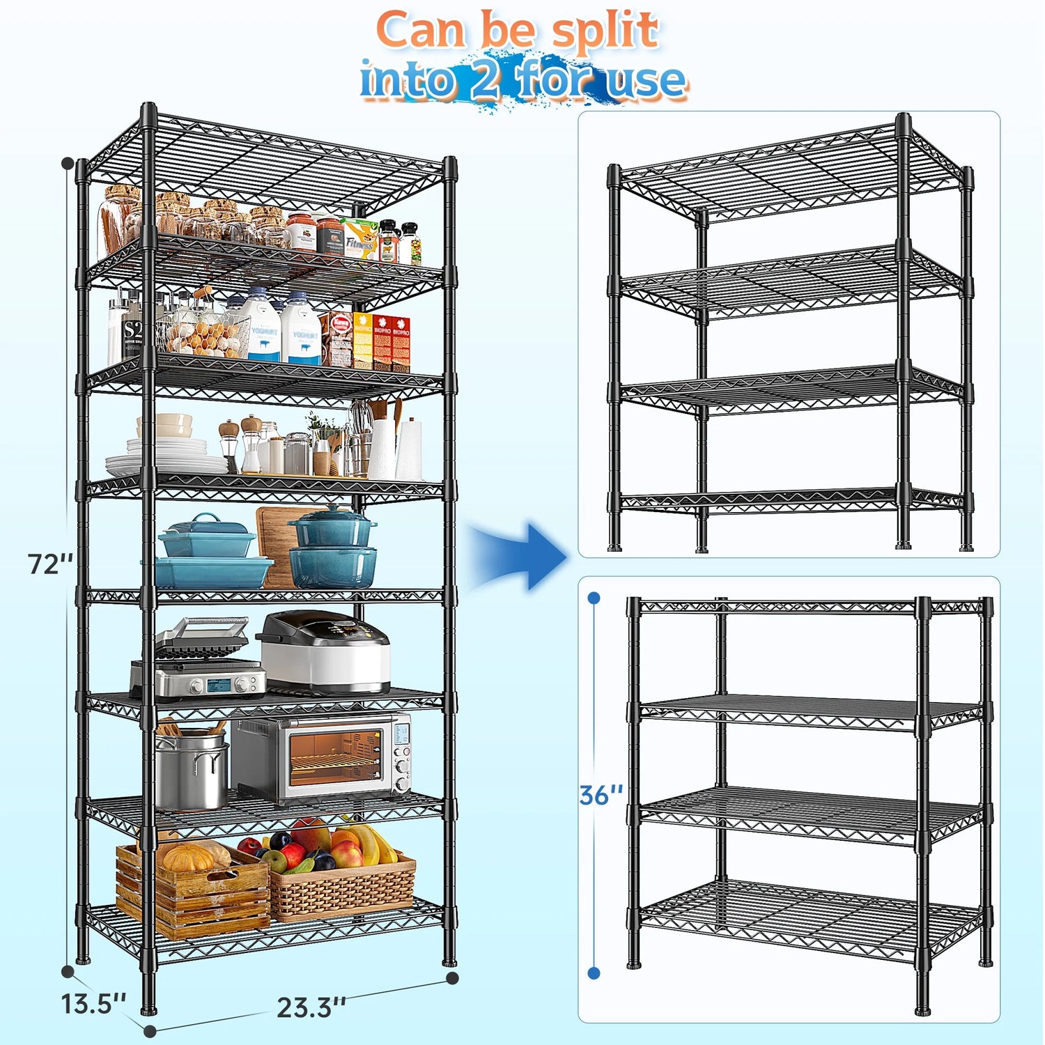 8-Tier Wire Shelving Unit Adjustable Metal Storage Shelves for Bathroom，Pantry，Kitchen，Laundry Room,72"H X 23.3"W X 13.5"D,Black
