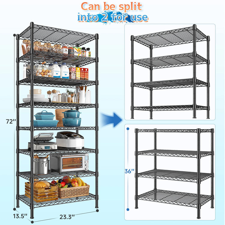 8-Tier Wire Shelving Unit Adjustable Metal Storage Shelves for Bathroom，Pantry，Kitchen，Laundry Room,72"H X 23.3"W X 13.5"D,Black