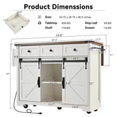 White Wood Kitchen Cart with Drop Leaf, Power Outlet, 2-Sliding Barn Doors, Towel Rack, Spice Rack, 3-Drawers