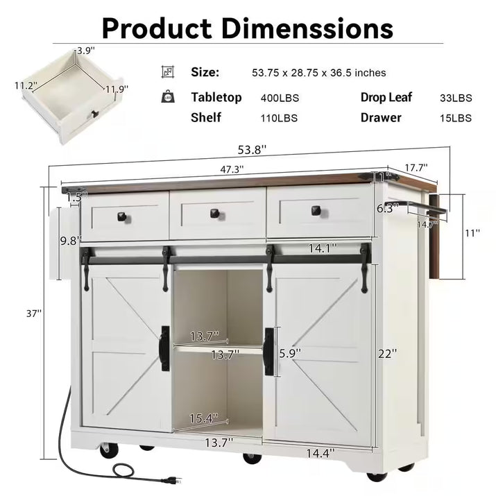 White Wood Kitchen Cart with Drop Leaf, Power Outlet, 2-Sliding Barn Doors, Towel Rack, Spice Rack, 3-Drawers