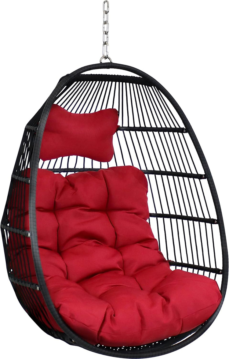 Julia Hanging Egg Chair - Black Polyethylene Wicker Frame with Red Polyester Cushions - 44 Inches Tall