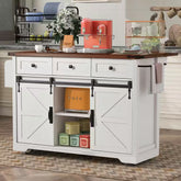 White Wood Kitchen Cart with Drop Leaf, Power Outlet, 2-Sliding Barn Doors, Towel Rack, Spice Rack, 3-Drawers