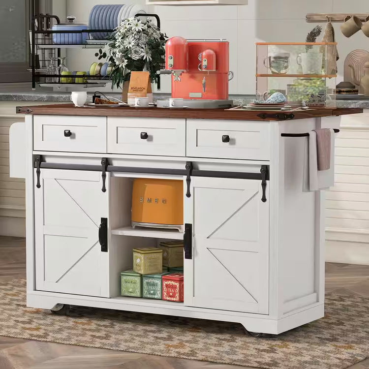 White Wood Kitchen Cart with Drop Leaf, Power Outlet, 2-Sliding Barn Doors, Towel Rack, Spice Rack, 3-Drawers