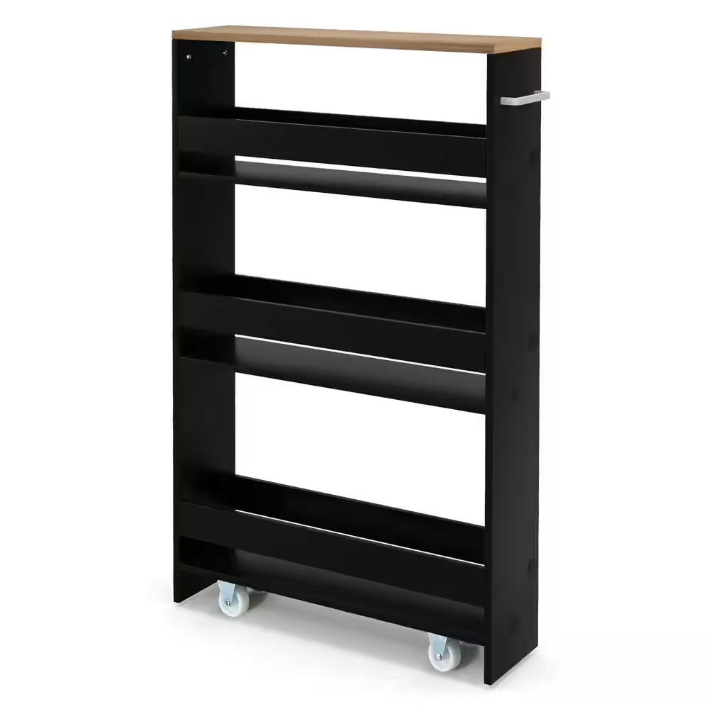 Black Particle Board 19 In. Rolling Kitchen Sideboard Slim Storage Cart Mobile Shelving Organizer with Handle