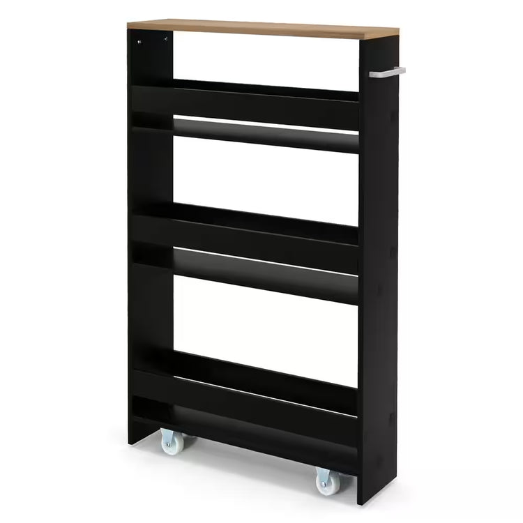 Black Particle Board 19 In. Rolling Kitchen Sideboard Slim Storage Cart Mobile Shelving Organizer with Handle