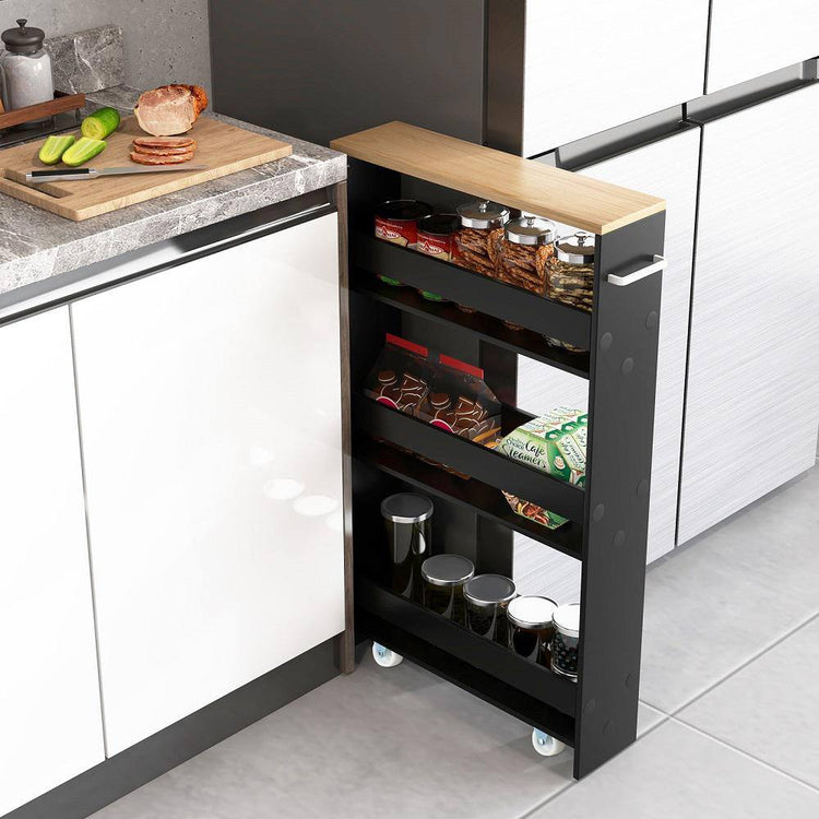 Black Particle Board 19 In. Rolling Kitchen Sideboard Slim Storage Cart Mobile Shelving Organizer with Handle