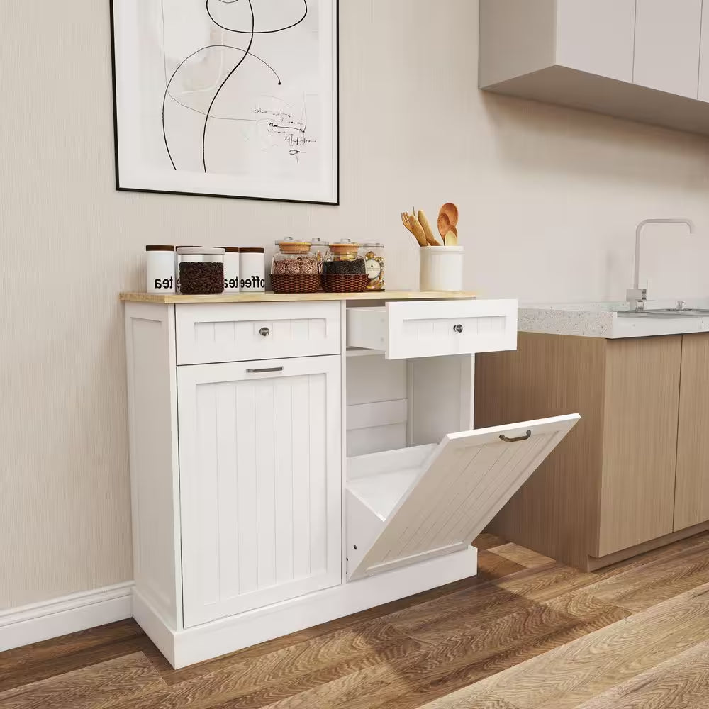 2-Drawers and 2-Compartment Tilt-Out Trash Cabinet Kitchen Trash Cabinet in White