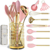 Pink and Gold Kitchen Utensils Set - 17-Piece Kitchen Tools Include Silicone Cooking Utensils, Spatula Holder, Measuring Cups and Spoons for Baking, Cooking - Stylish Pink Kitchen Accessories