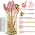 Pink and Gold Kitchen Utensils Set - 17-Piece Kitchen Tools Include Silicone Cooking Utensils, Spatula Holder, Measuring Cups and Spoons for Baking, Cooking - Stylish Pink Kitchen Accessories