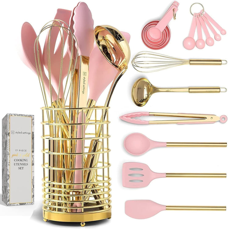 Pink and Gold Kitchen Utensils Set - 17-Piece Kitchen Tools Include Silicone Cooking Utensils, Spatula Holder, Measuring Cups and Spoons for Baking, Cooking - Stylish Pink Kitchen Accessories