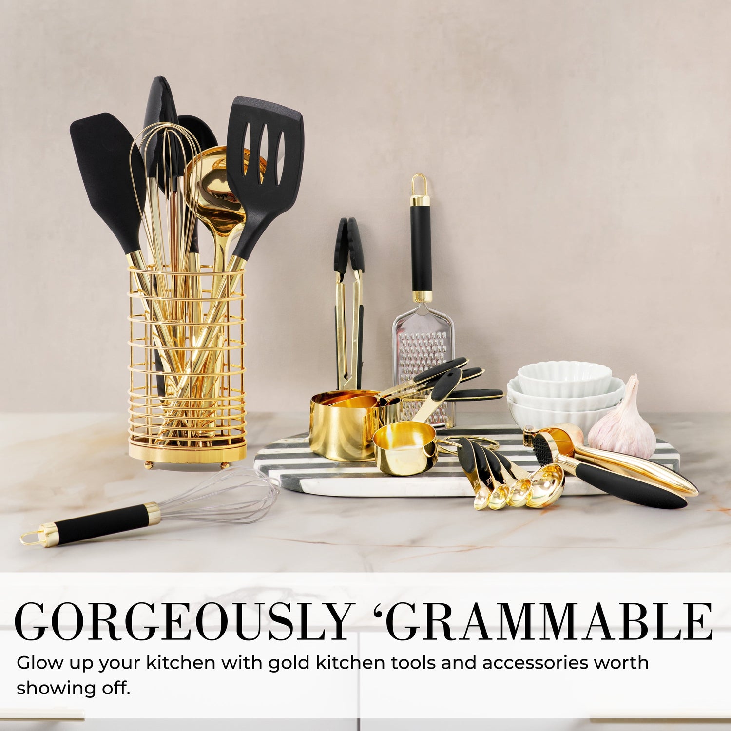 7PC Black and Gold Cooking Utensils Set with Holder - Black and Gold Kitchen Accessories