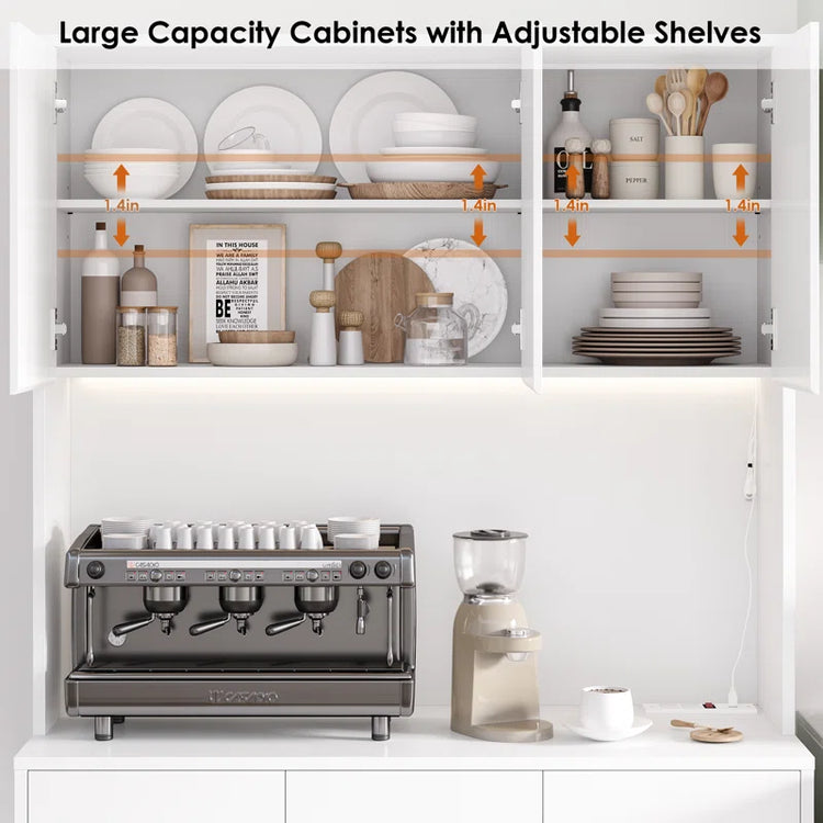 Aybike 71" Tall Kitchen Pantry Cabinet with Charge Station & LED Light, Freestanding Food Pantry with 4 Cabinets, 3 Drawers & Microwave Shelf, Kitchen Hutch Storage, Adjustable Shelves