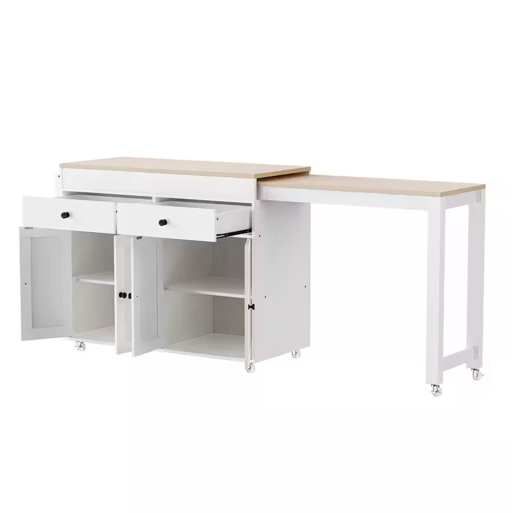 White Wood 74.5 In. Kitchen Island with Extendable Dining Table, Kitchen Cart with 4 Door Cabinet, Spice Rack, 2 Drawers