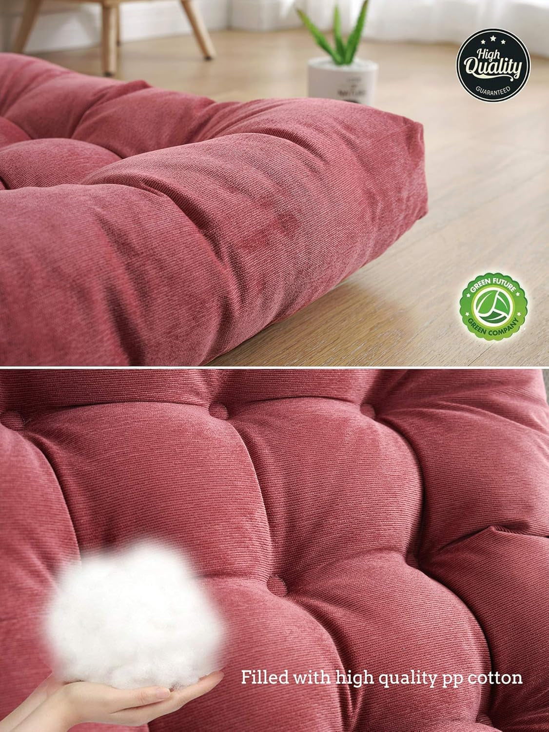 Square Floor Seat Pillows Cushions 22" X 22", Soft Thicken Yoga Meditation Cushion Pouf Tufted Corduroy Tatami Floor Pillow Reading Cushion Chair Pad Casual Seating for Adults & Kids, Rose Red