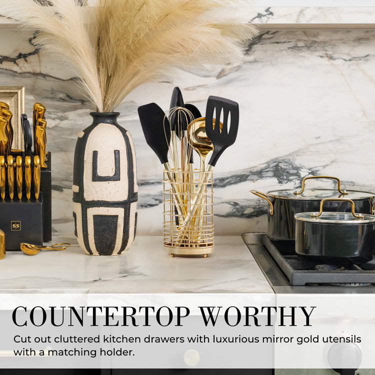 7PC Black and Gold Cooking Utensils Set with Holder - Black and Gold Kitchen Accessories