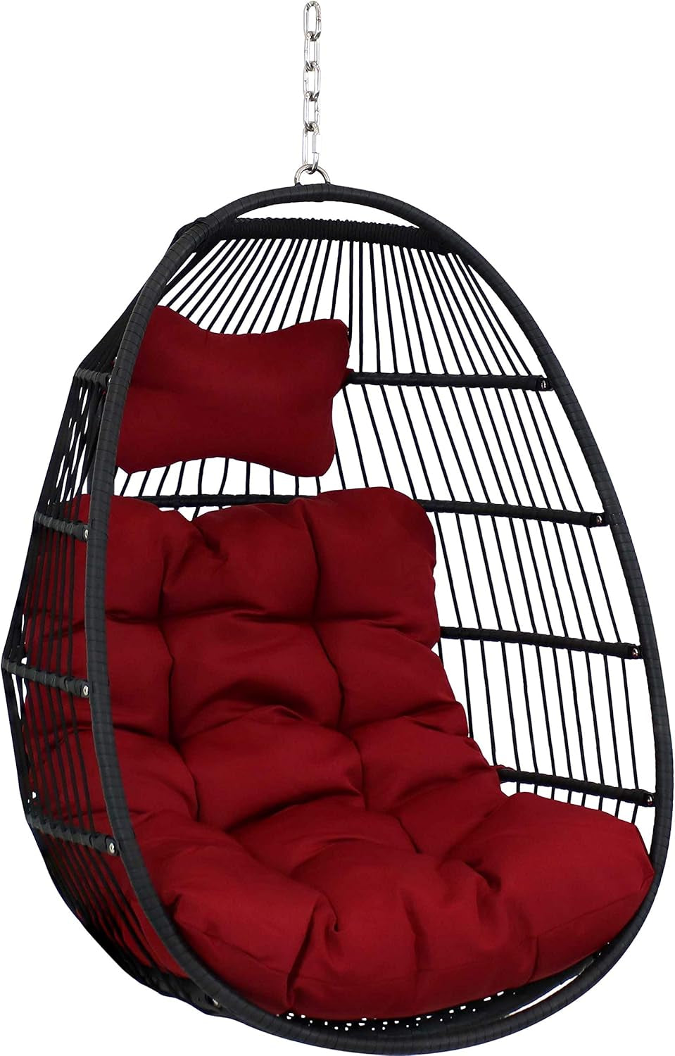 Julia Hanging Egg Chair - Black Polyethylene Wicker Frame with Red Polyester Cushions - 44 Inches Tall