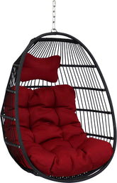 Julia Hanging Egg Chair - Black Polyethylene Wicker Frame with Red Polyester Cushions - 44 Inches Tall