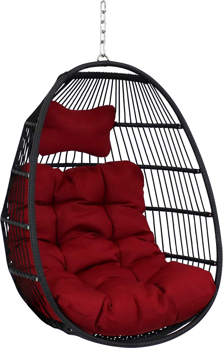Julia Hanging Egg Chair - Black Polyethylene Wicker Frame with Red Polyester Cushions - 44 Inches Tall