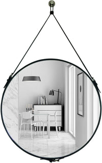 round Wall Mirror Decorative Mirror, Hanging Mirror with Hanging Strap Silver Hardware Hooker/Hanger (Black, 20'')
