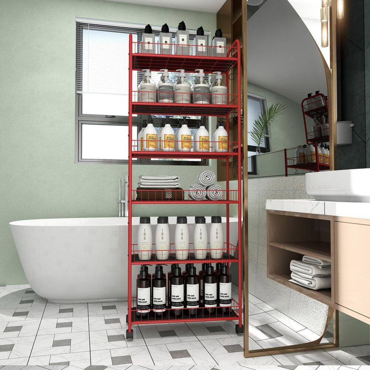 Red 6 Tier Storage Cart, Mobile Shelving Unit with Wheels, Metal Wire Storage Shelving Rack with Baskets for Kitchen