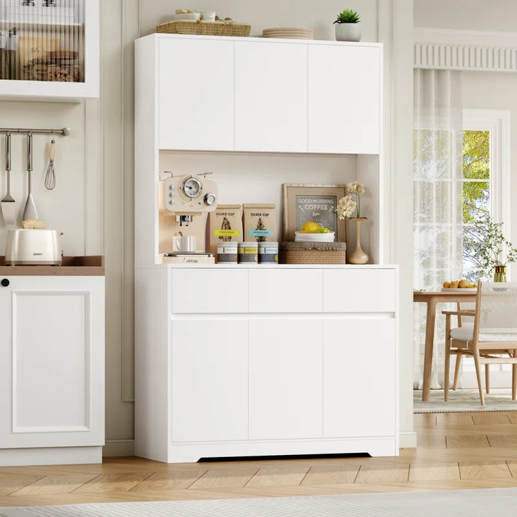 Aybike 71" Tall Kitchen Pantry Cabinet with Charge Station & LED Light, Freestanding Food Pantry with 4 Cabinets, 3 Drawers & Microwave Shelf, Kitchen Hutch Storage, Adjustable Shelves