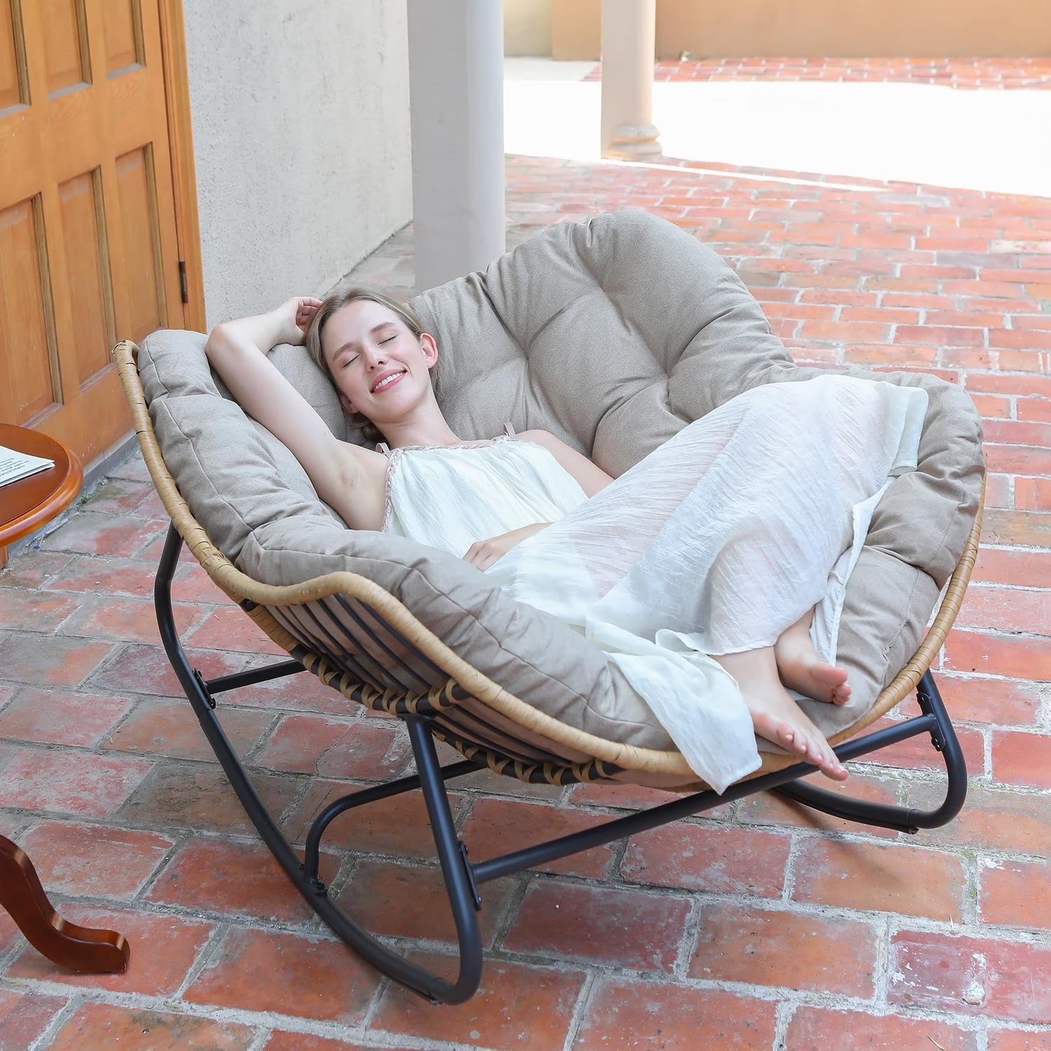 Outdoor Rocking Chair, Indoor Lounge Rocking Chair with Cushion Chair, Beige