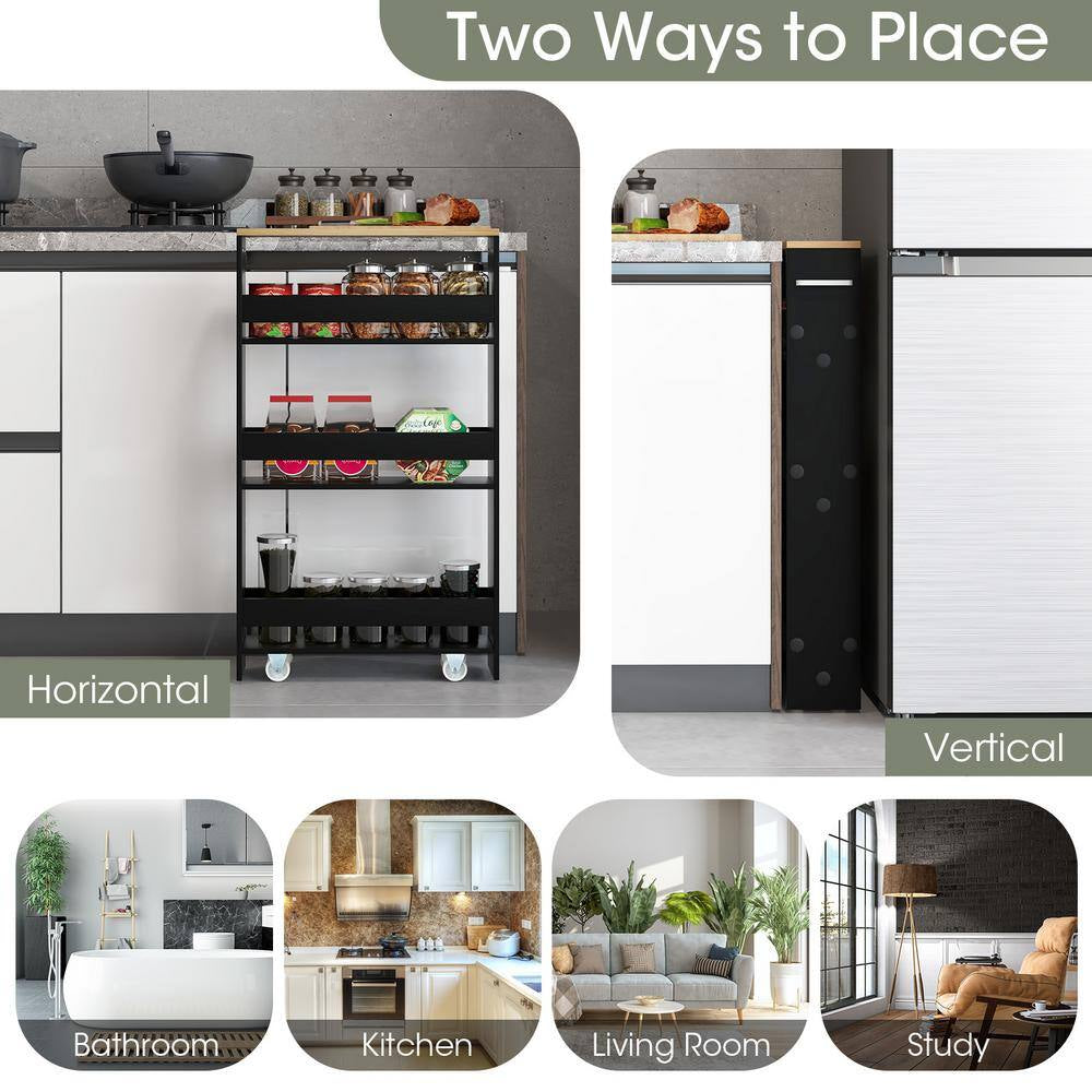 Black Particle Board 19 In. Rolling Kitchen Sideboard Slim Storage Cart Mobile Shelving Organizer with Handle