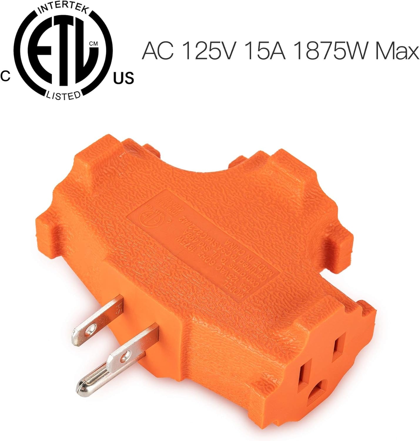 ETL Listed 3-Outlet Grounding Adapter, Heavy Duty 3-Prong Power Extender, Wall Socket Grounded Power Tap, 392℉ Fire-Retardant Material for Industrial Household Appliances, Orange, 2 Pack