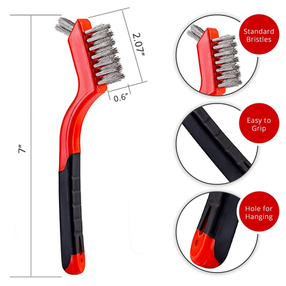 Wire Brush Set 3Pcs - Nylon/Brass/Stainless Steel Bristles with Curved Handle Grip for Rust, Dirt & Paint Scrubbing with Deep Cleaning – 7 Inches (Red)