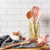 Pink and Gold Kitchen Utensils Set - 17-Piece Kitchen Tools Include Silicone Cooking Utensils, Spatula Holder, Measuring Cups and Spoons for Baking, Cooking - Stylish Pink Kitchen Accessories