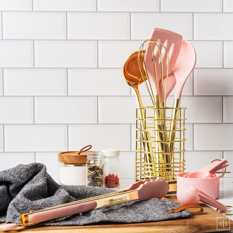 Pink and Gold Kitchen Utensils Set - 17-Piece Kitchen Tools Include Silicone Cooking Utensils, Spatula Holder, Measuring Cups and Spoons for Baking, Cooking - Stylish Pink Kitchen Accessories
