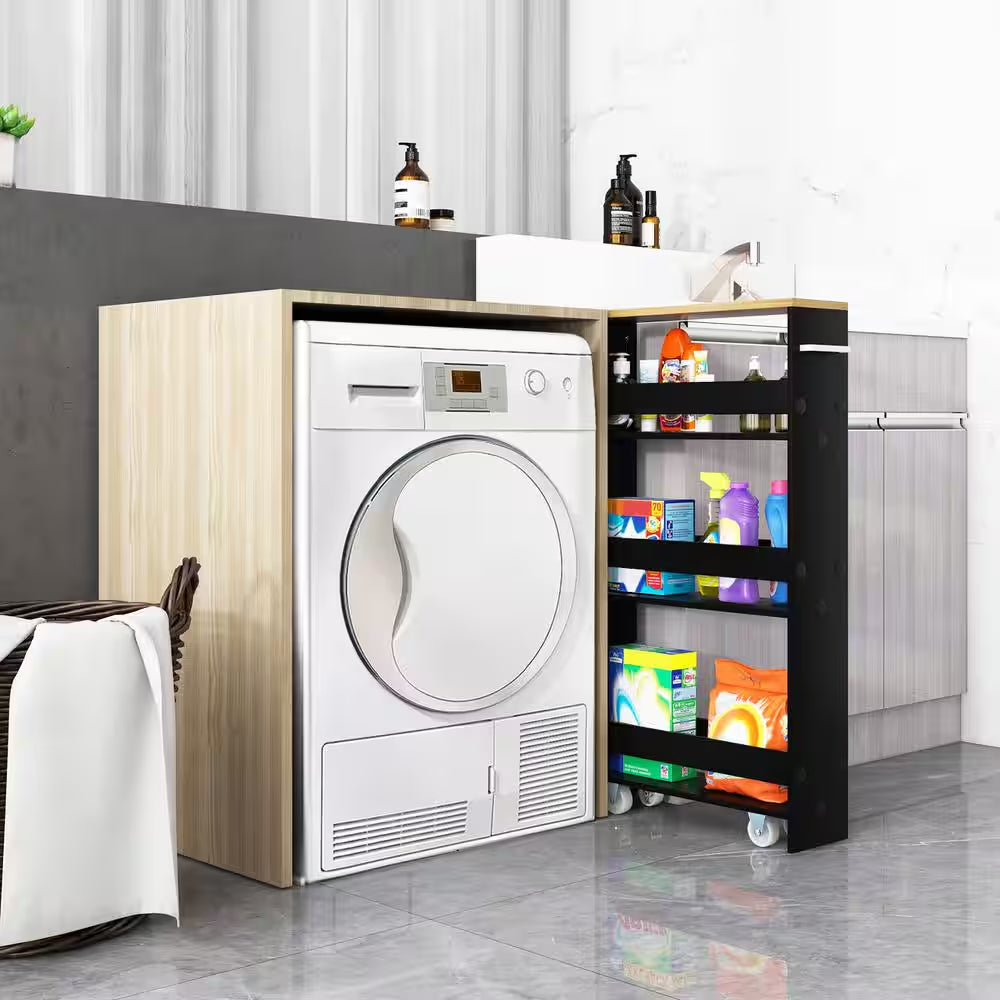 Black Particle Board 19 In. Rolling Kitchen Sideboard Slim Storage Cart Mobile Shelving Organizer with Handle