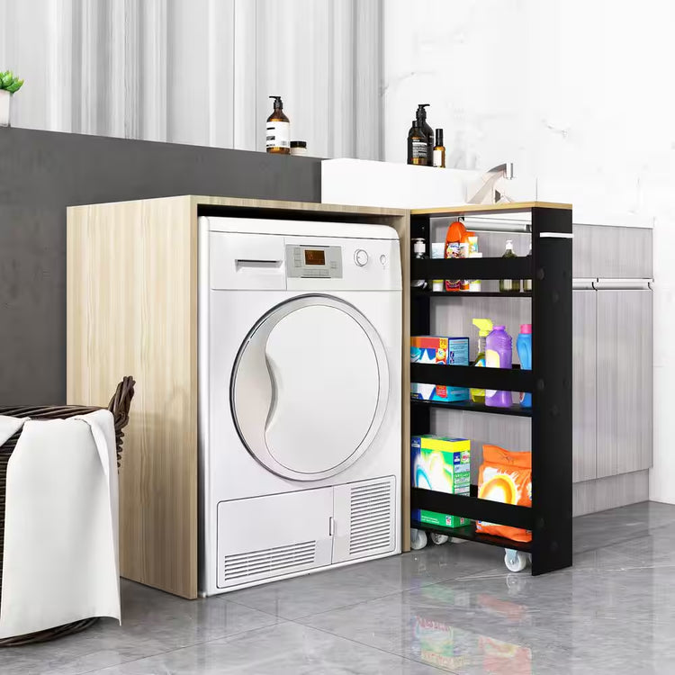 Black Particle Board 19 In. Rolling Kitchen Sideboard Slim Storage Cart Mobile Shelving Organizer with Handle