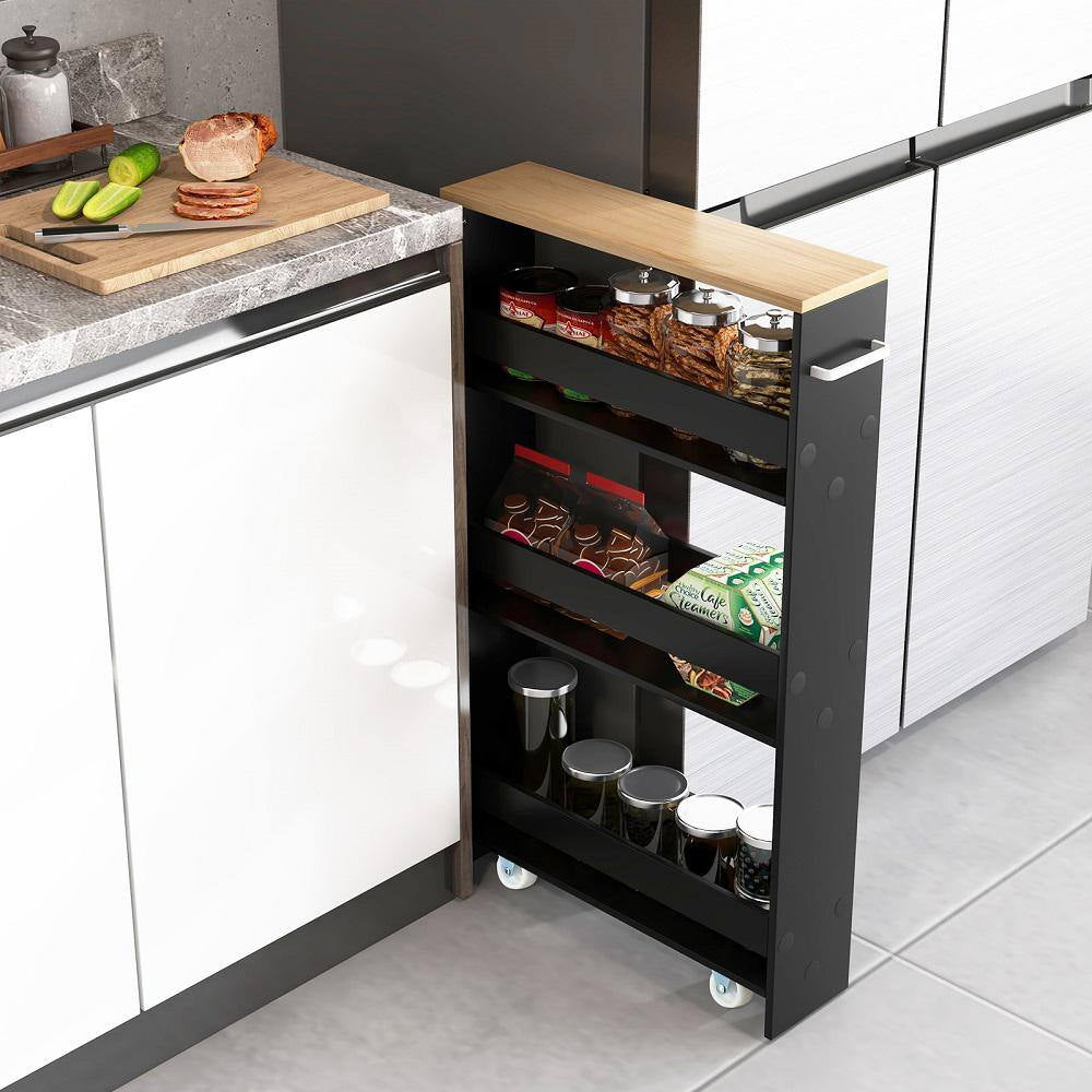 Black Particle Board 19 In. Rolling Kitchen Sideboard Slim Storage Cart Mobile Shelving Organizer with Handle