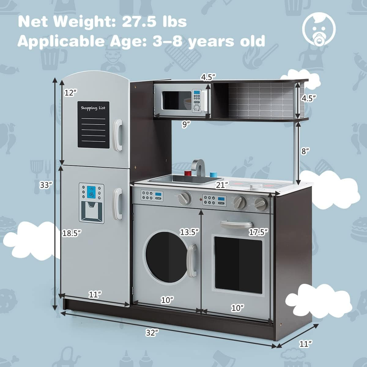 Kids Kitchen Playset, Wooden Little Chef Pretend Toy Kitchen Set W/Sounds, Sink, Stove, Microwave, Storage Cabinet, Shop List, Play Kitchen for Toddlers, Gift for Boys Girls 3+, Gray