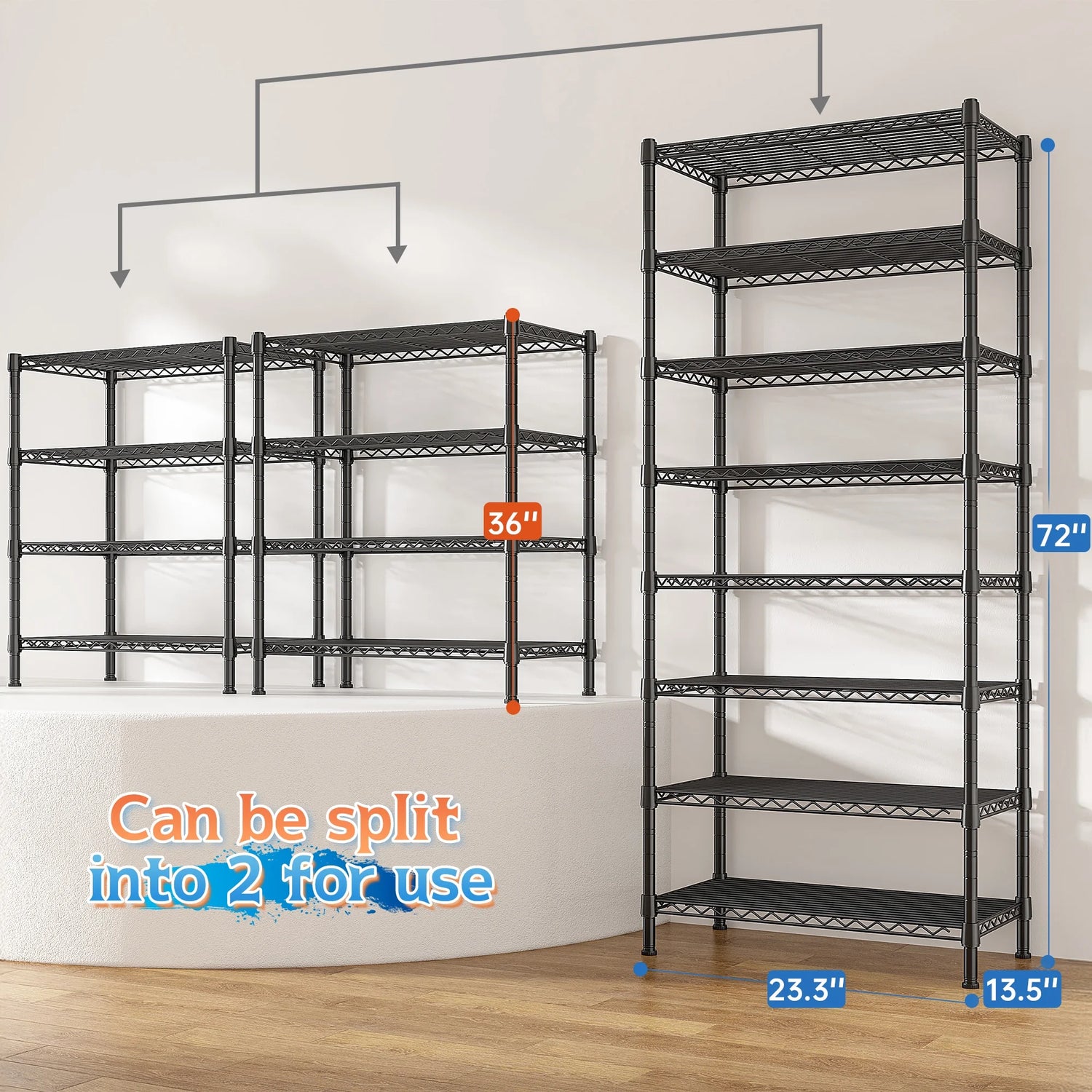 8-Tier Wire Shelving Unit Adjustable Metal Storage Shelves for Bathroom，Pantry，Kitchen，Laundry Room,72"H X 23.3"W X 13.5"D,Black