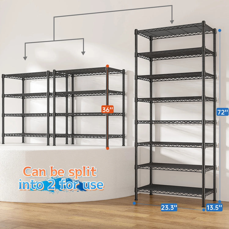 8-Tier Wire Shelving Unit Adjustable Metal Storage Shelves for Bathroom，Pantry，Kitchen，Laundry Room,72"H X 23.3"W X 13.5"D,Black