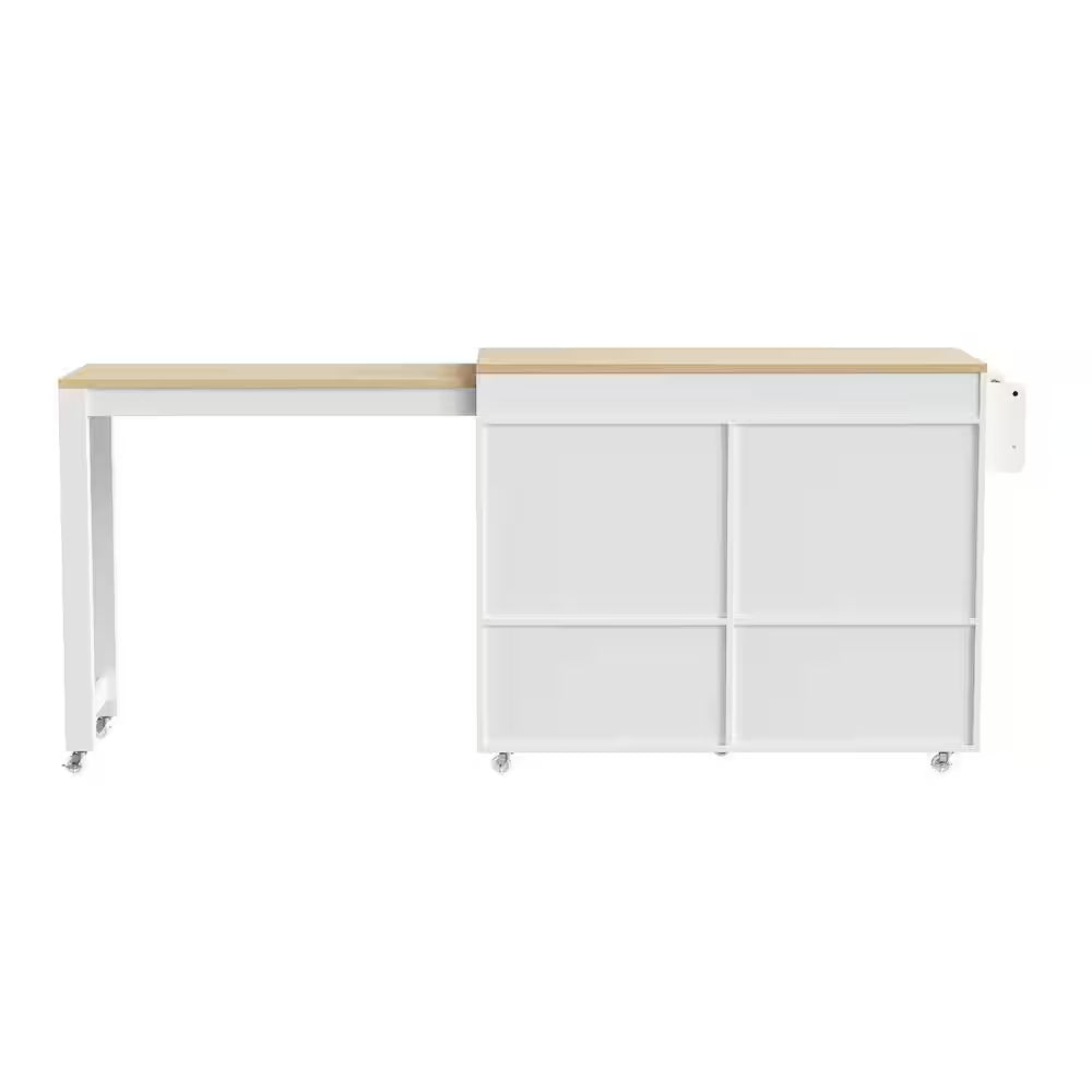 White Wood 74.5 In. Kitchen Island with Extendable Dining Table, Kitchen Cart with 4 Door Cabinet, Spice Rack, 2 Drawers