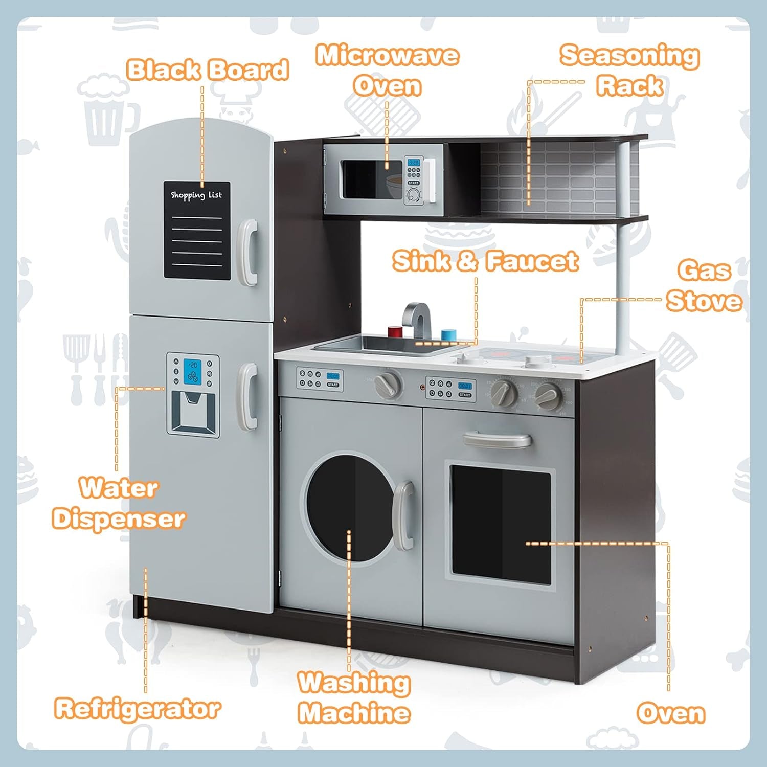 Kids Kitchen Playset, Wooden Little Chef Pretend Toy Kitchen Set W/Sounds, Sink, Stove, Microwave, Storage Cabinet, Shop List, Play Kitchen for Toddlers, Gift for Boys Girls 3+, Gray