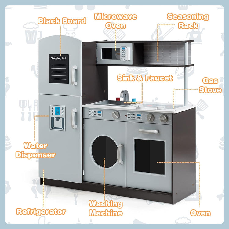Kids Kitchen Playset, Wooden Little Chef Pretend Toy Kitchen Set W/Sounds, Sink, Stove, Microwave, Storage Cabinet, Shop List, Play Kitchen for Toddlers, Gift for Boys Girls 3+, Gray