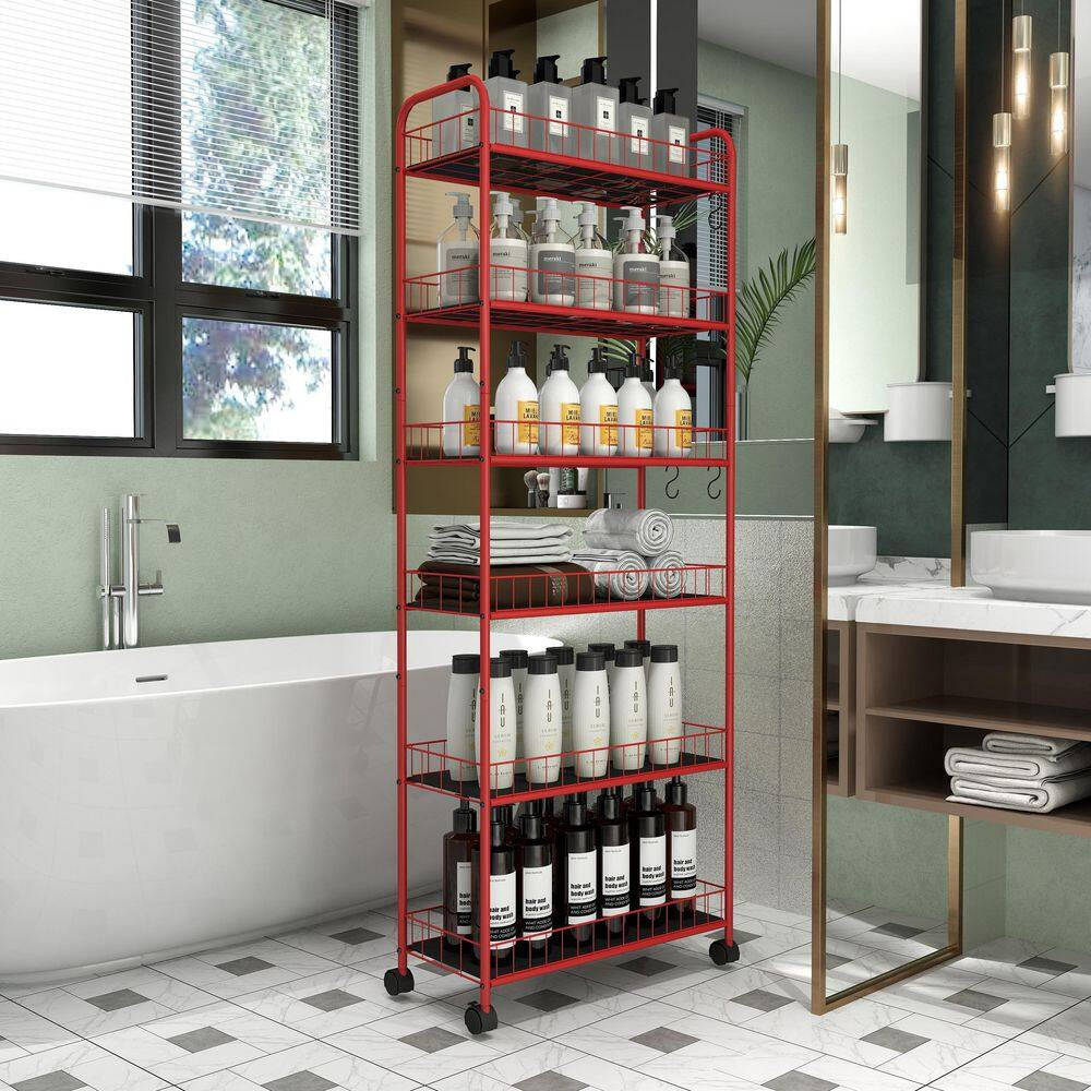Red 6 Tier Storage Cart, Mobile Shelving Unit with Wheels, Metal Wire Storage Shelving Rack with Baskets for Kitchen