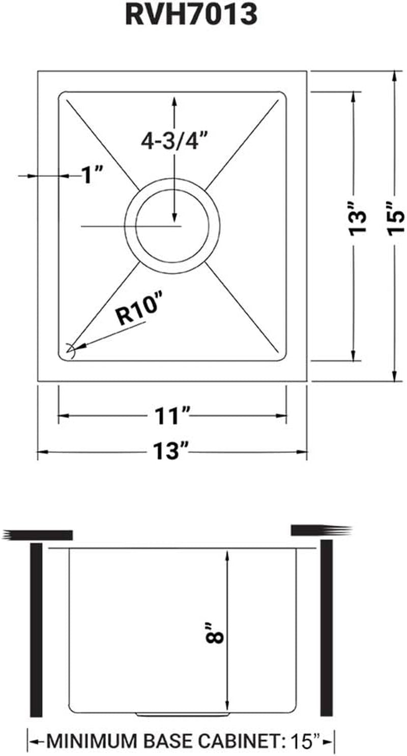 13 X 15 Inch Undermount Bar Prep Tight Raduis 16 Gauge Kitchen Sink Stainless Steel Single Bowl - RVH7013