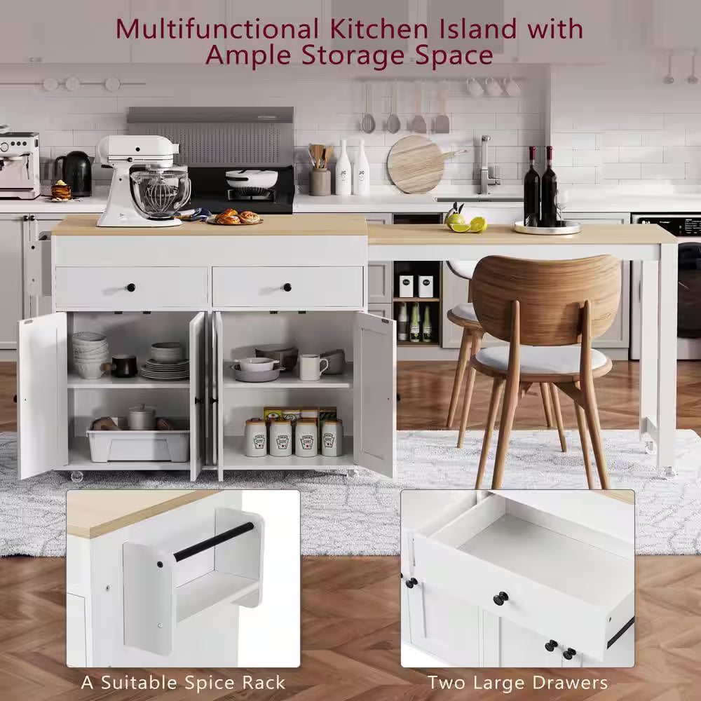 White Wood 74.5 In. Kitchen Island with Extendable Dining Table, Kitchen Cart with 4 Door Cabinet, Spice Rack, 2 Drawers