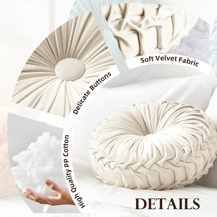 Round Throw Pillow Velvet Home Decoration Pleated round Pillow Cushion for Couch Chair Bed Car Orange