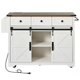 White Wood Kitchen Cart with Drop Leaf, Power Outlet, 2-Sliding Barn Doors, Towel Rack, Spice Rack, 3-Drawers