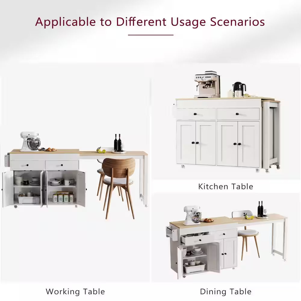 White Wood 74.5 In. Kitchen Island with Extendable Dining Table, Kitchen Cart with 4 Door Cabinet, Spice Rack, 2 Drawers