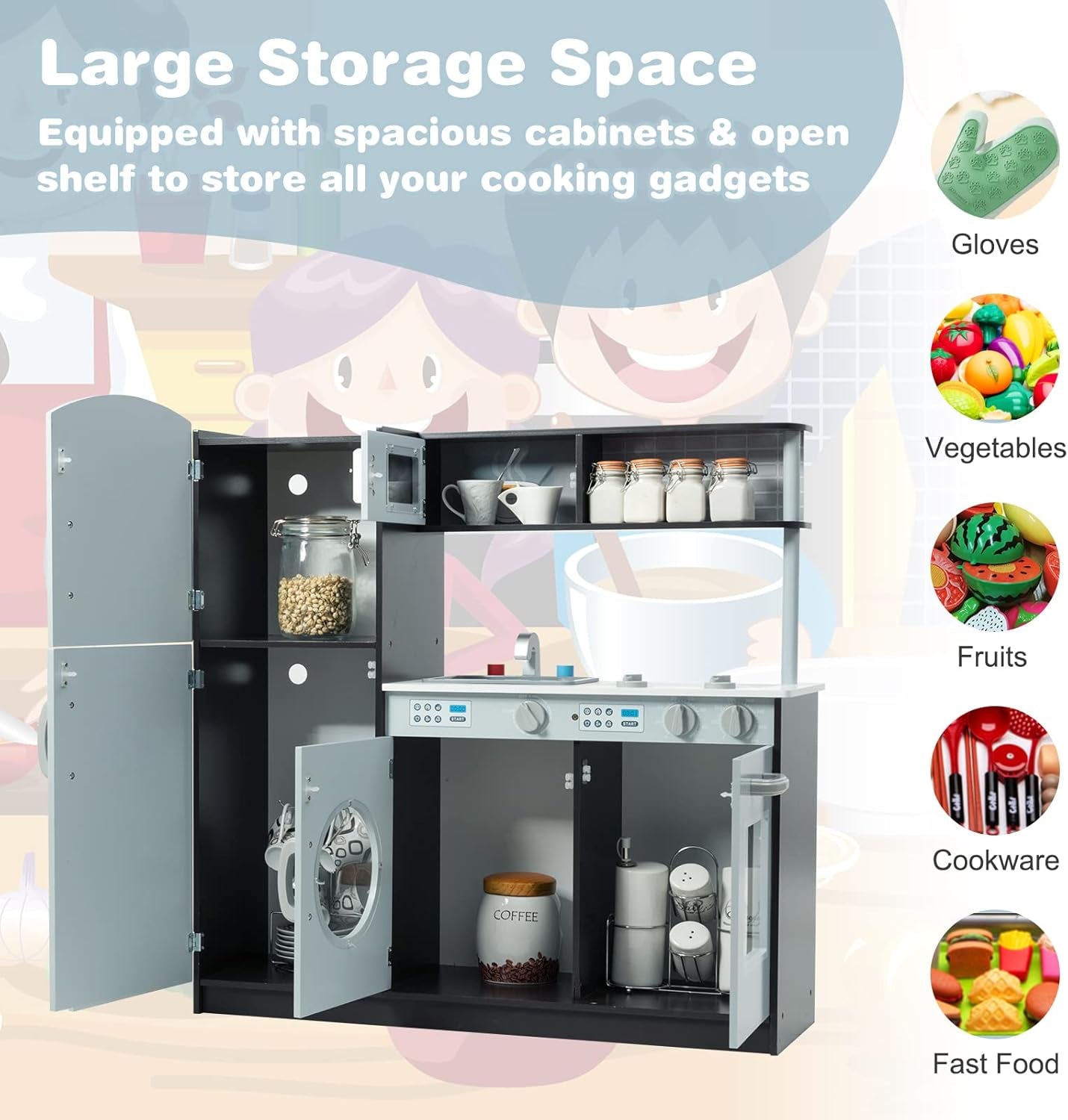 Kids Kitchen Playset, Wooden Little Chef Pretend Toy Kitchen Set W/Sounds, Sink, Stove, Microwave, Storage Cabinet, Shop List, Play Kitchen for Toddlers, Gift for Boys Girls 3+, Gray