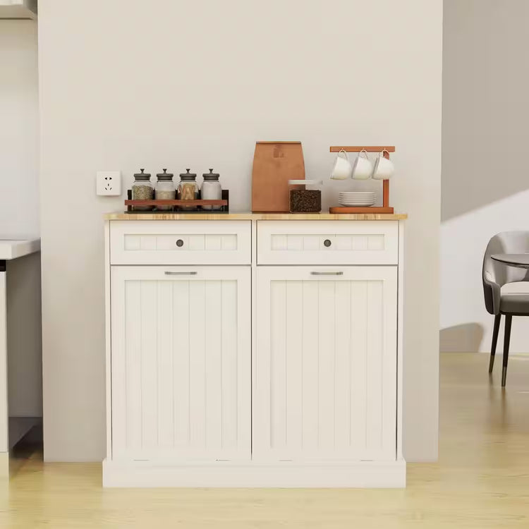 2-Drawers and 2-Compartment Tilt-Out Trash Cabinet Kitchen Trash Cabinet in White
