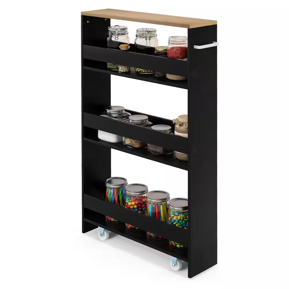 Black Particle Board 19 In. Rolling Kitchen Sideboard Slim Storage Cart Mobile Shelving Organizer with Handle
